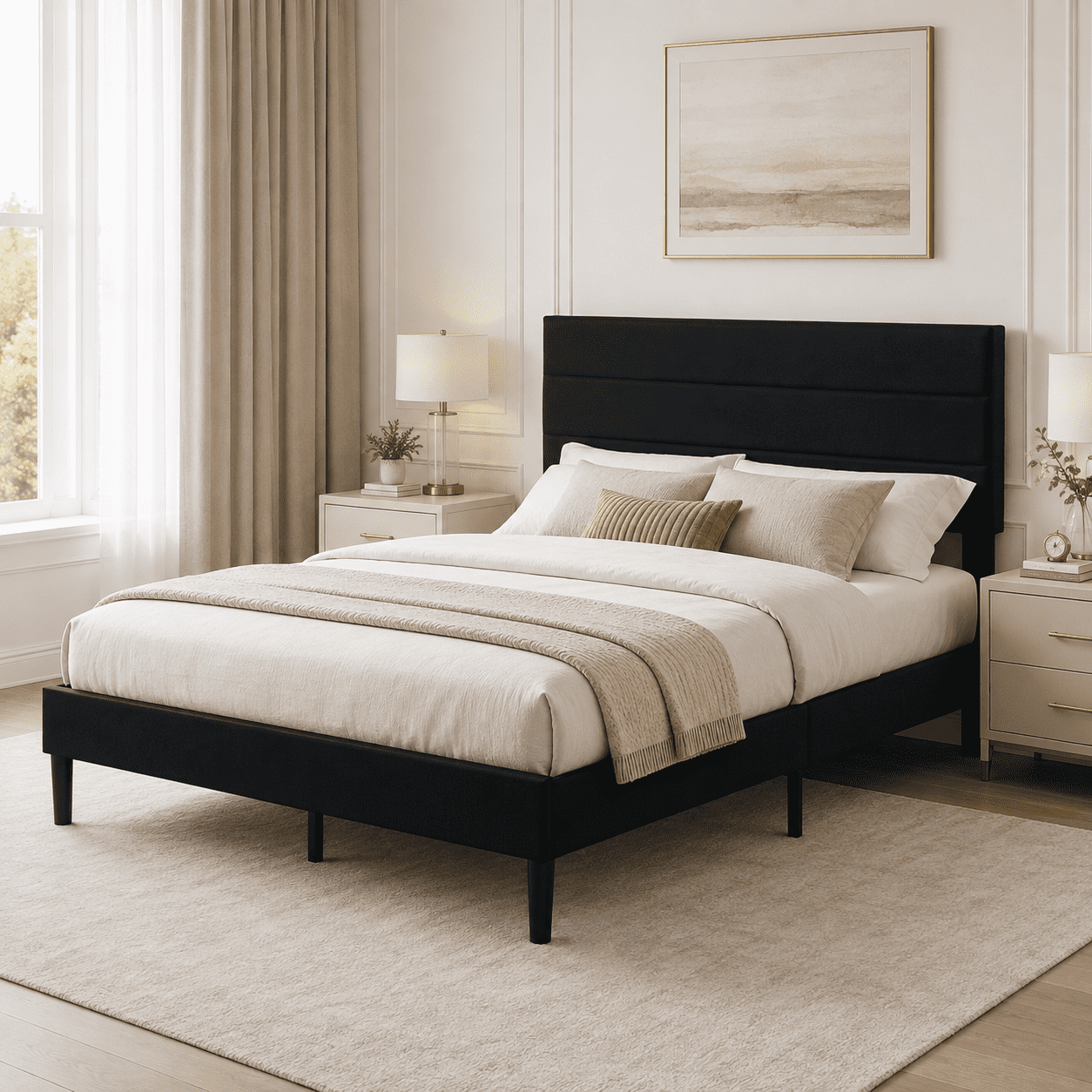 BSHTI Queen Size Linen Upholstered Platform Bed Frame with Soft Headboard, Wood Slats, No Box Spring Needed for Bedroom（Black）