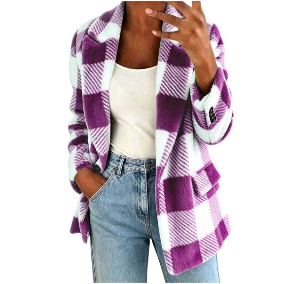 cocolona Womens Classic Plaid Jacket Fleece Lined Long Sleeve Lapel Overcoat Fall Winter Warm Trendy Outerwear