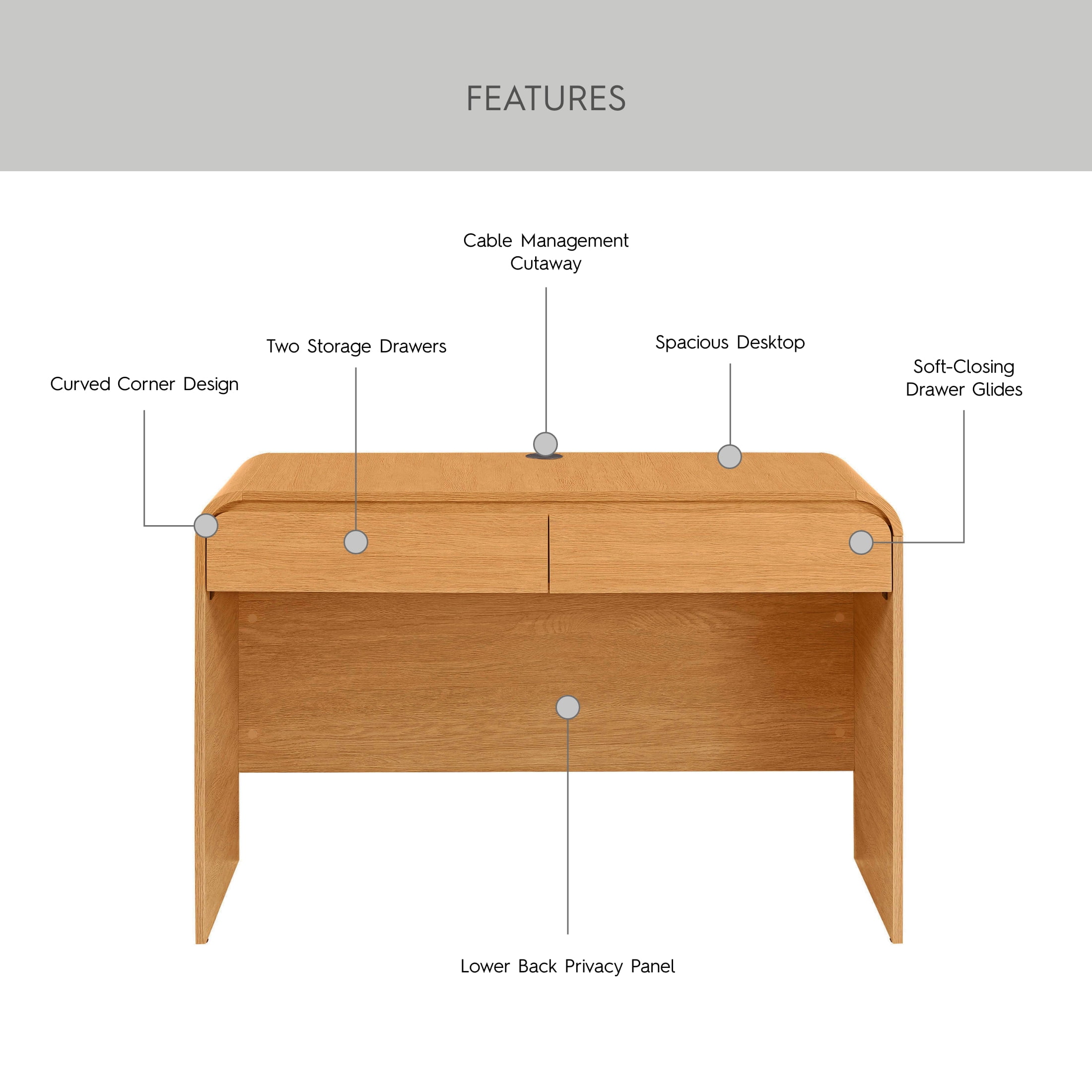 Better Homes & Gardens Juliet Curved Desk with Storage, Light Honey Finish