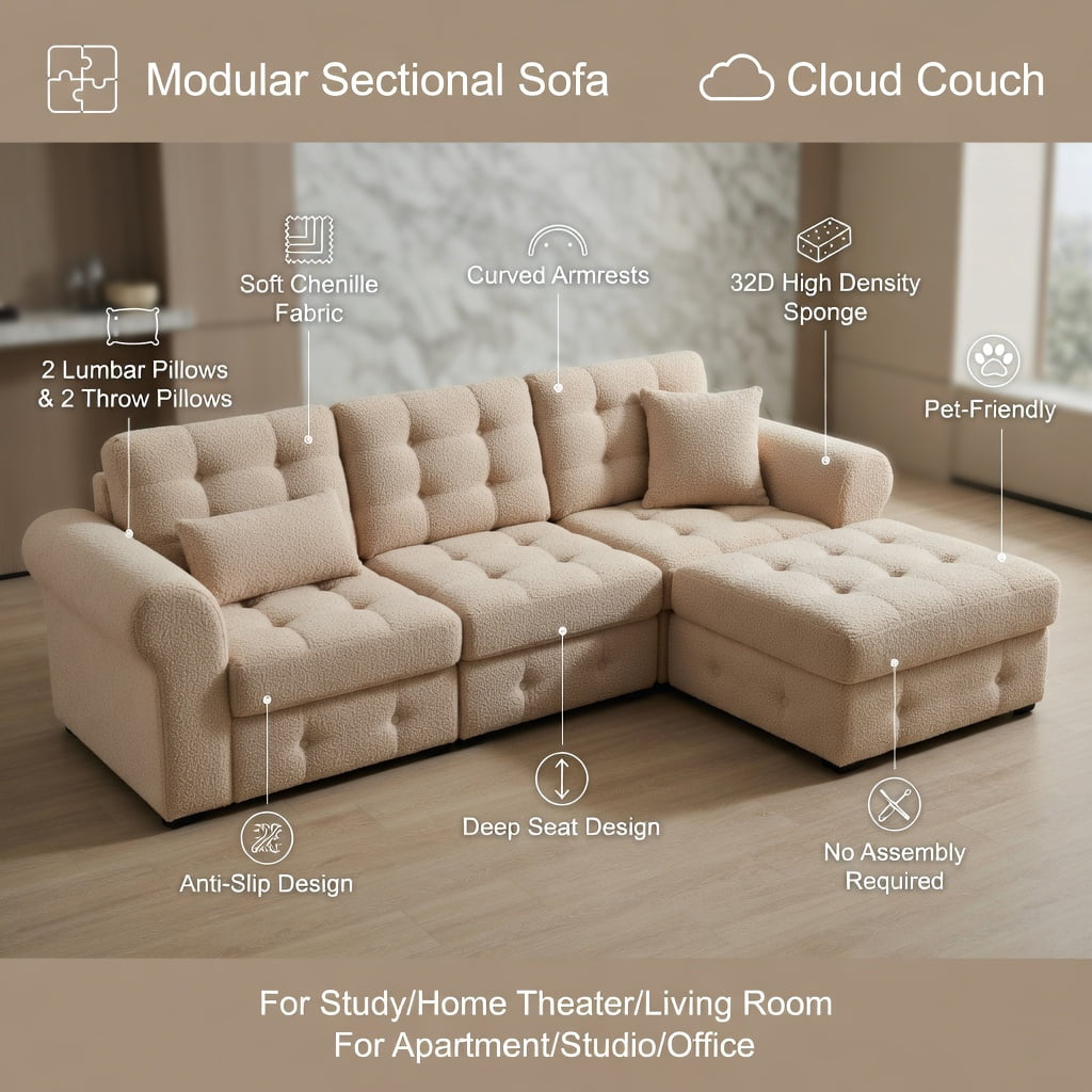 Hommoo Teddy Fleece 3-Seat Modular Sectional Sofa, Cloud-Like Double-Layer Cushions, Curved Backrest & Armrests, Includes 2 Movable Ottomans & Lumbar Pillows, Camel