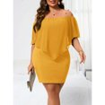 thumbnail image 6 of Mustard Yellow Plus Size Off-Shoulder Fitted Mini Dress With Sheer Flounce Overlay, 6 of 7