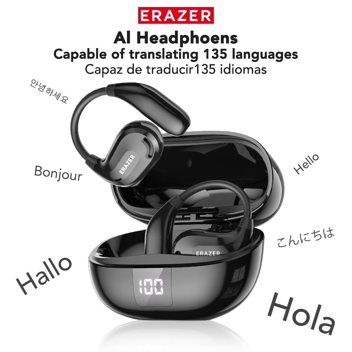 Bluetooth 6.0 Wireless Open-Ear Headphones, AI Translator, Noise-Cancelling Earbuds, 130+ Languages, 40H Playtime, Black