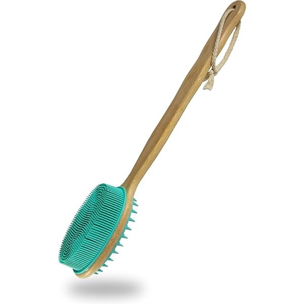 wonima11 Silicone Body Scrubber with Long Handle, Dual-Sided Exfoliating Back Scrubber, 2 in 1 Bath Shower Brush for Dry and Wet - Green