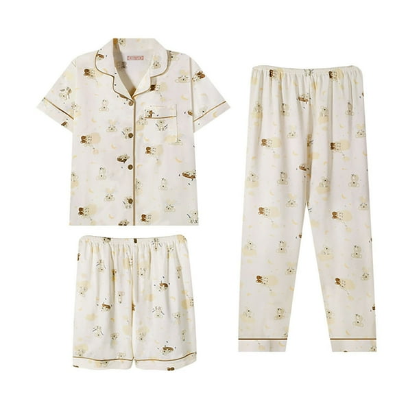 ManxiVoo Summer Short Sleeve Pajama Set 3 Piece with Lapel Top and Pants Plus Size Home Wear L Size Beige