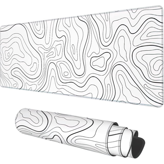 White Topographic Contour Map Extended Gaming Mouse Pad - Large 31.5x11.8 Inch Mouse Pad, Non-Slip Base, Stitched Edge, Long Computer Keyboard Mouse Mat, Perfect for Home Office Work