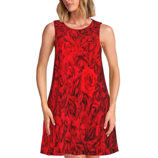 Easygdp Red Rose para Vestido Transpirable de Mujer, Vestido Suelto de Manga Corta con Pliegues y Bolsillos para el Verano