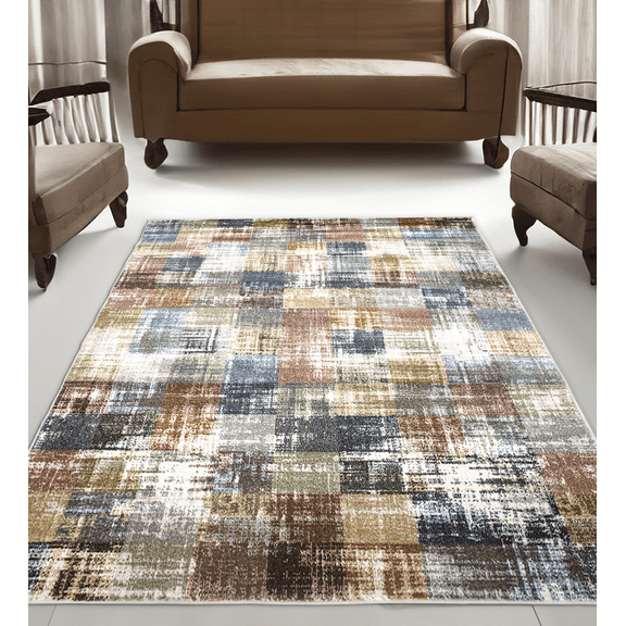 FLOORPLAY 3.3x5.0 Washable Area Rug, Abstract Gray Blue Patchwork, Distressed Non-Slip Accent Rug for Bedroom & Living Room, Medium Pile