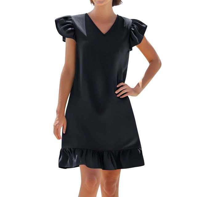 Admvng Robes d'Été pour Femmes Mignonnes Décontractées Couleur Unie Col en V Ourlet à Volants Robe de Plage Décontractée P-2TG