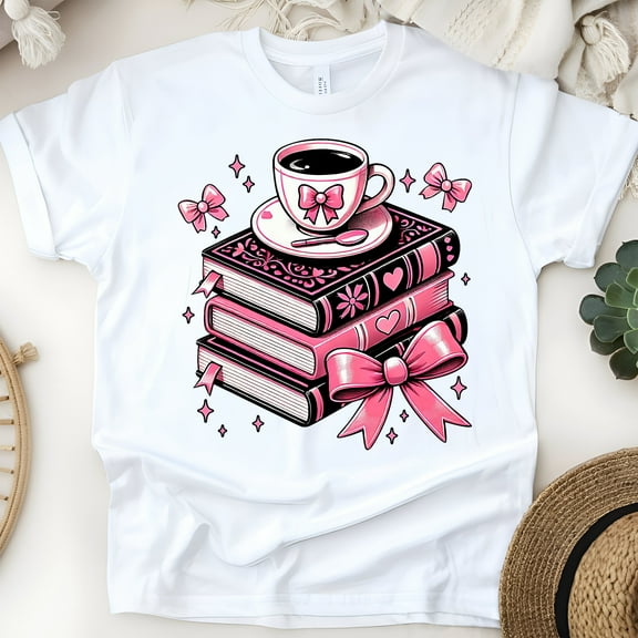 Pink Coffee & Books Shirt – Cute Reading Lover Bow Tee for Women, White, Size S