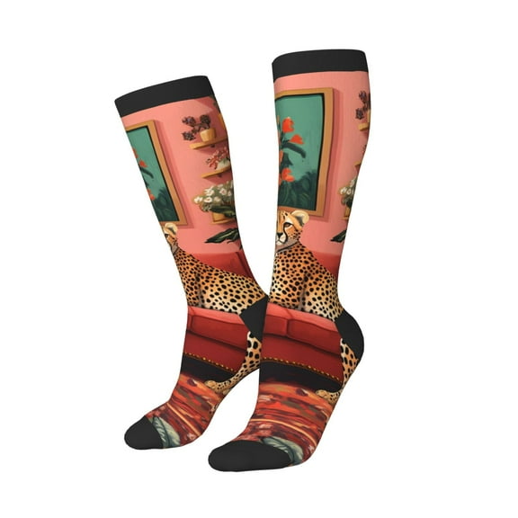 Knee High Socks for Women Men Athletic - Floral Cheetah Cozy Room Thigh-High Black Sole Comfort Breathable Long Socks for Casual Travel Running
