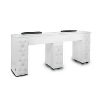 Drexel Manicure Table (Double) Tufted Side Panel Nail Desk with Marble Top, Modern White Diamond
