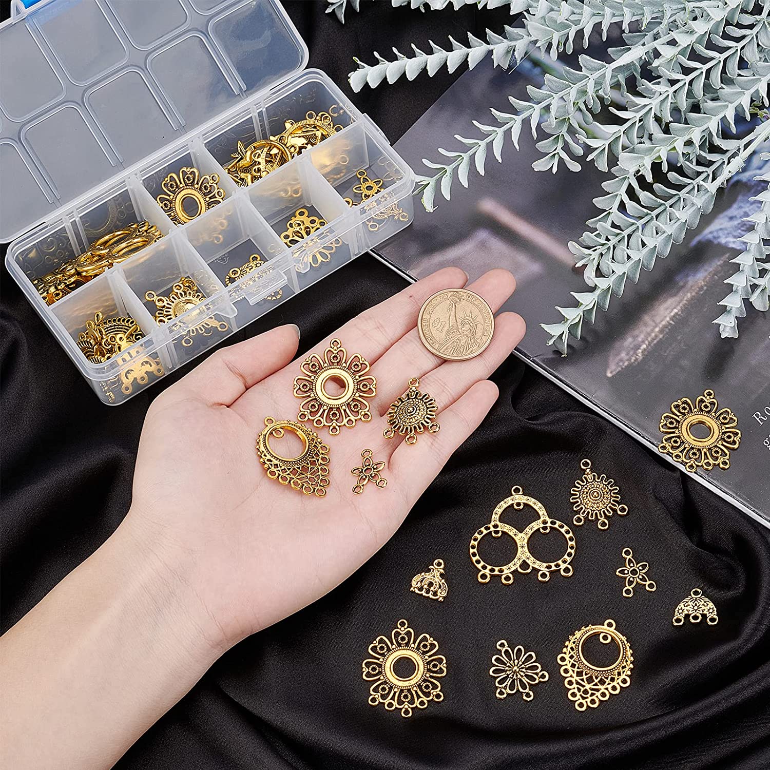 50pcs Tibetan Alloy Flower Charm Connectors – Filigree 1/1 Loop Links Antique Silver 18mm