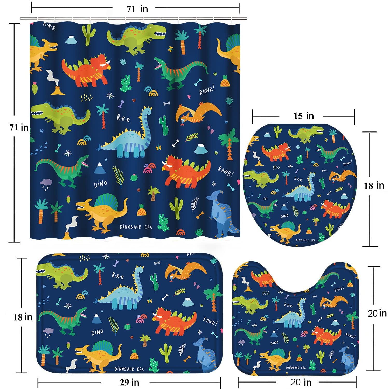 Poedist 4Pcs Kid Shower Curtain Set, Bathroom Sets with Shower Curtain and Rugs, with Non-Slip Rugs,Toilet Lid Cover,Bath Mat and 12 Hooks,71 x 71 Inch, Dark Blue Dinosaur Kid's Set