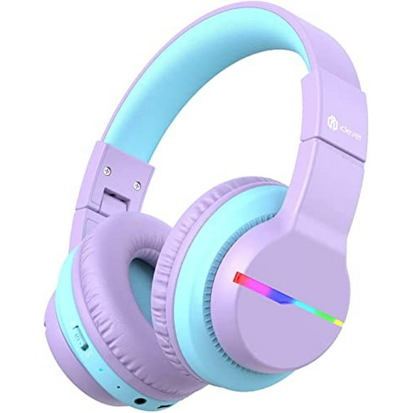 Cascos iClever BTH12 para niños, luces LED coloridas, inalámbricos con limitador de volumen de 74/85/94dB, 40H de reproducción, Bluetooth 5.0, micrófono incorporado, púrpura