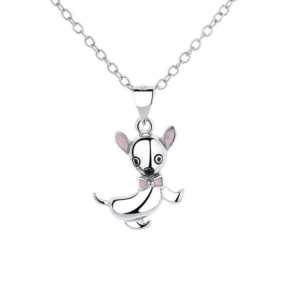 Amy and Annette Sterling Silver Chihuahua With Pink Bowtie Dog Necklace