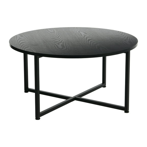 Household Essentials Jamestown Round Coffee Table Black Oak Wood Grain and Black Metal