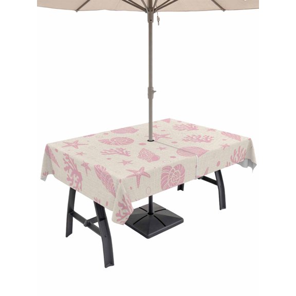 60x84 Inch Outdoor Tablecloth with Umbrella Hole Zipper Rectangle Pink Rustic Coastal Rectangular Tablecloths Waterproof Nautical Seaside Starfish Coral Shell Patio Table Cloth Cover for Picnic