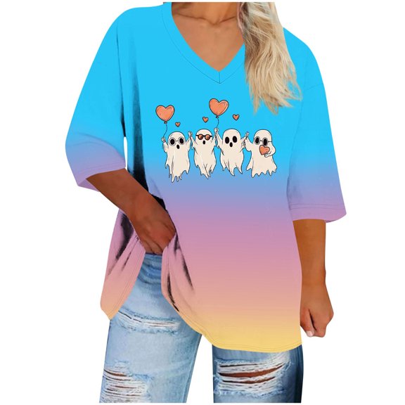 FDGIU Halloween Shirts for Women Women's Halloween Fashion Daily Printed V-neck Three Quarter Sleeve 3/4 Sleeve T-shirt Large Loose Top Spooky Season Graphic