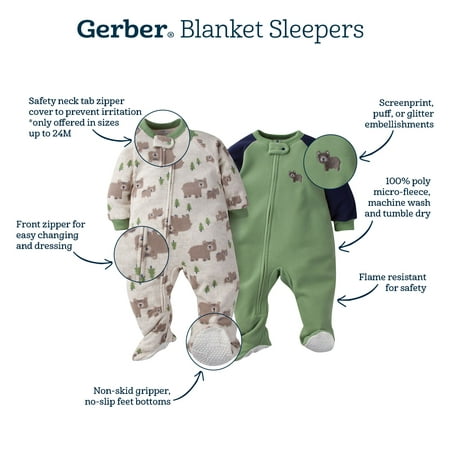 Gerber Baby & Toddler Boys Microfleece Blanket Sleeper Pajama, 2-Pack (0/3 Months-5T)