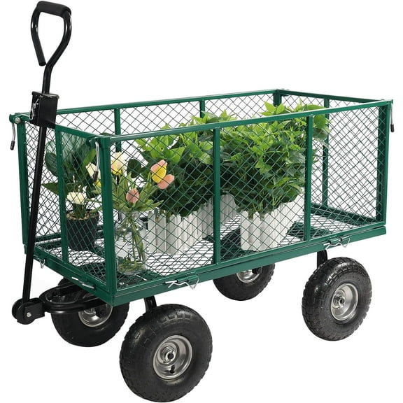 REDCAMP Steel Mesh Deck Rolling Wagon Cart, Heavy Duty Garden Utility with 900lb Capacity, Green