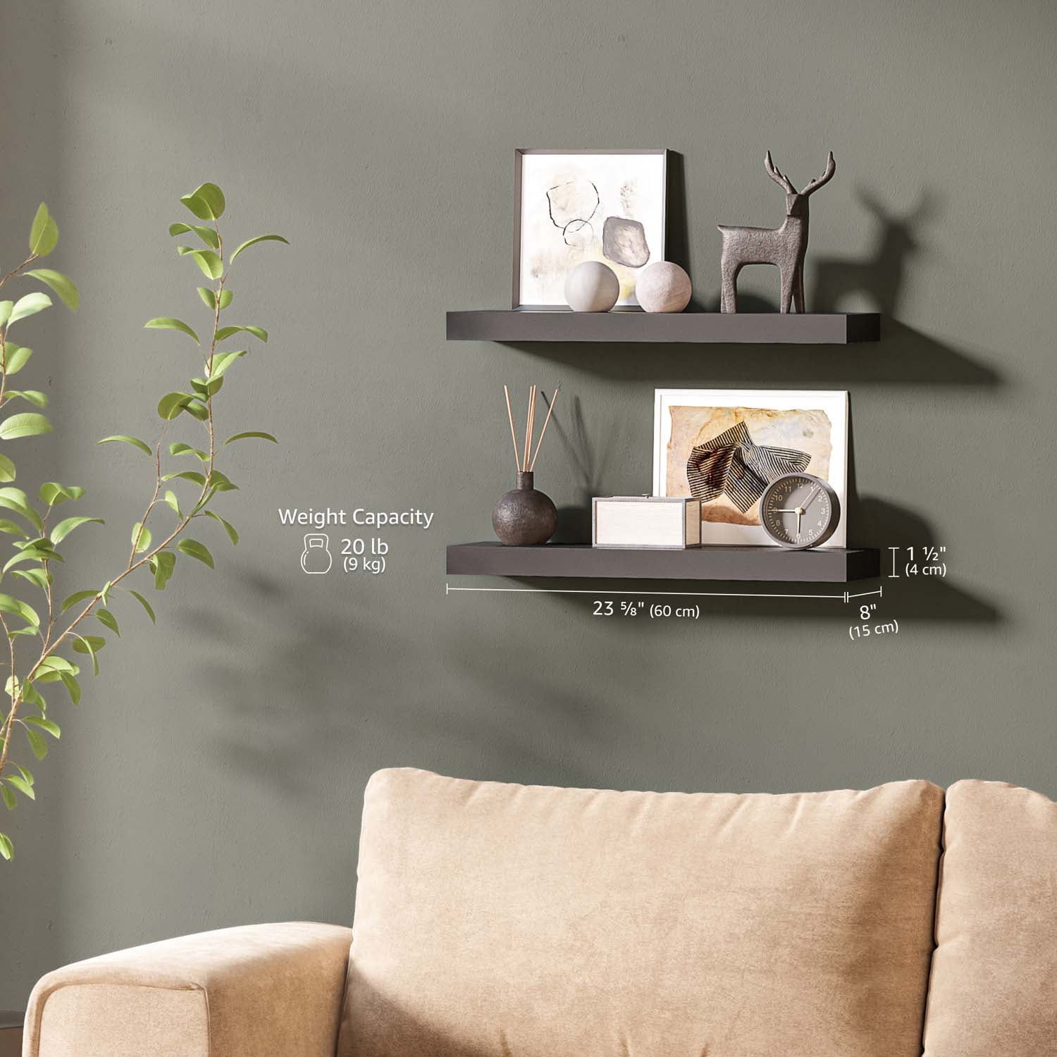 Ballucci 24" Floating Shelves, 2-Pack Wood Wall Shelf Set with Invisible Brackets, 8" Deep, Black