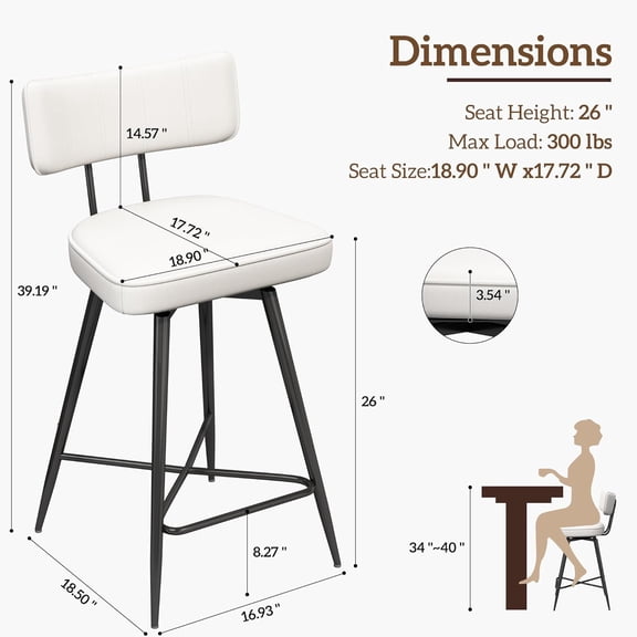 Bar Stools Set of 3, White Faux Leather Counter Height Swivel Chairs with Metal  and Backrest for Kitchen Island