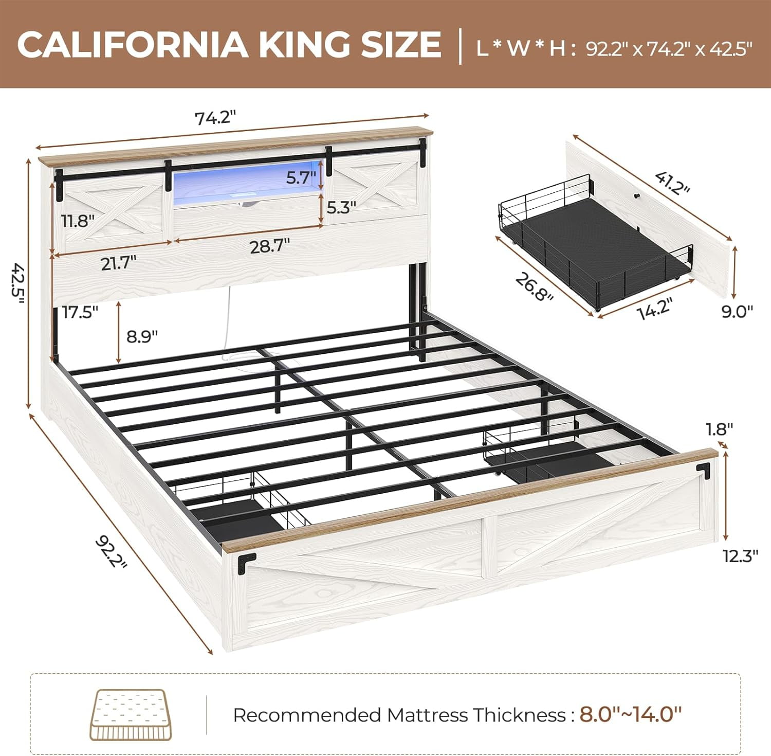 California King Size Bed Frame with LED Lights and Charging Station, Farmhouse Storage Bed Frame with Headboard and Drawers, No Box Spring Needed, White