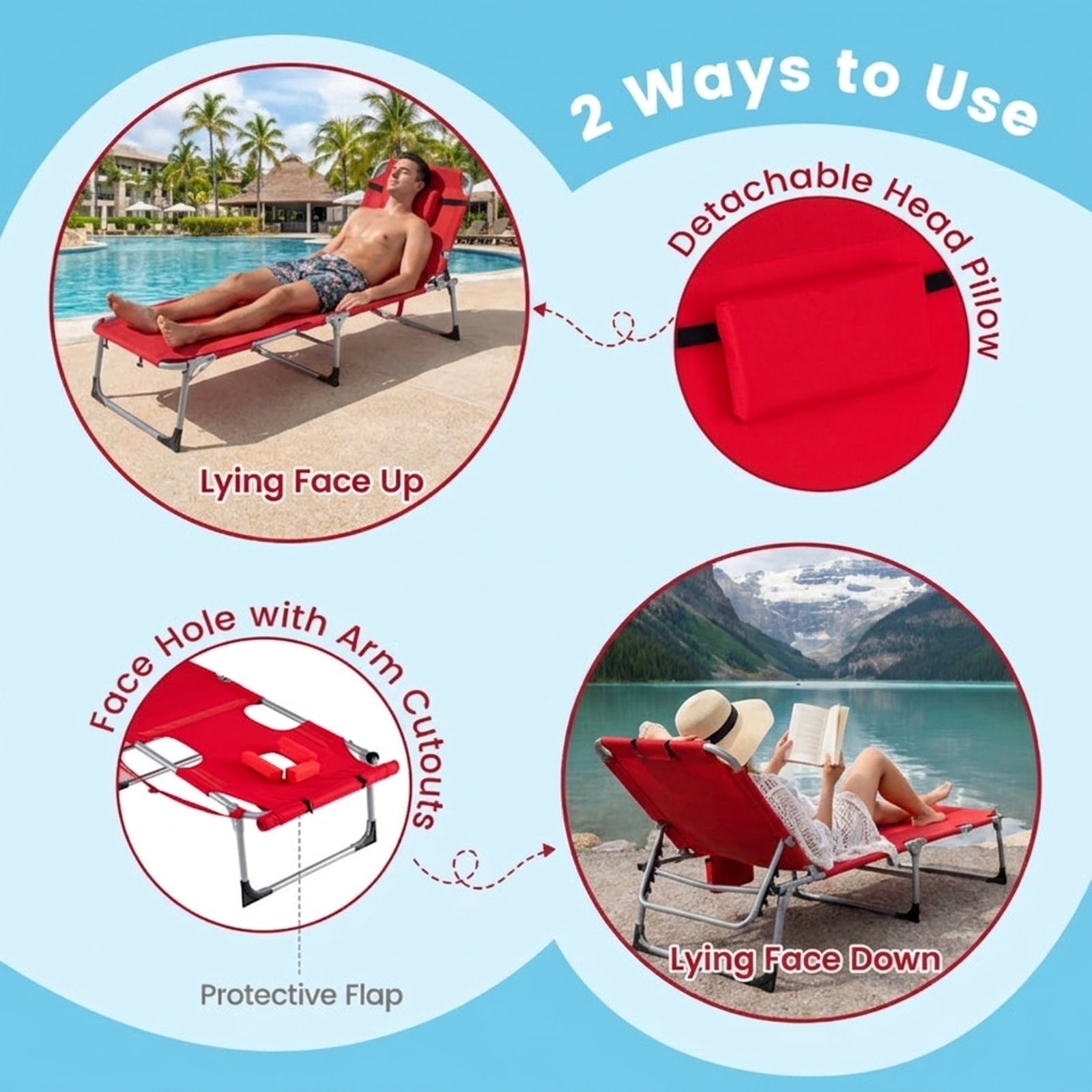 Furnibear Tanning Chair with Face Arm Holes Portable Sunbathing Chair with Adjust and Insert Backrest, 500D Oxford Fabric, Side Pocket and 330 lbs Capacity, Red