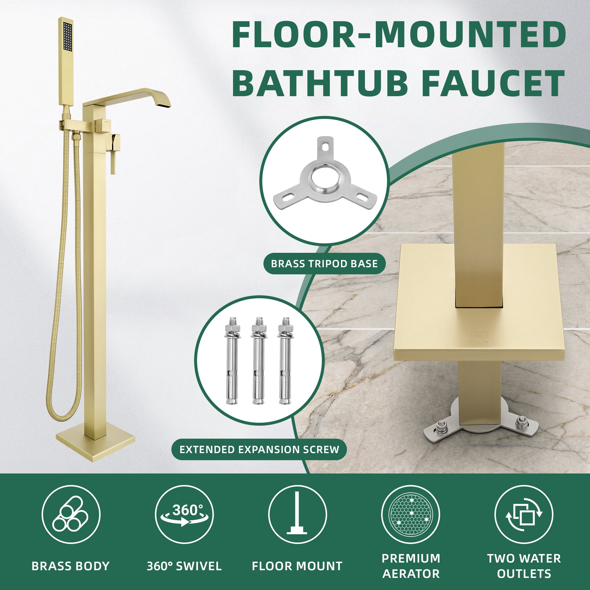 Free Standing Tub Faucet, High Flow Freestanding Bathtub Faucet with Waterfall Spout & Handheld Shower, 360°Swivel Tub Filler, Brass Body, Brushed Gold