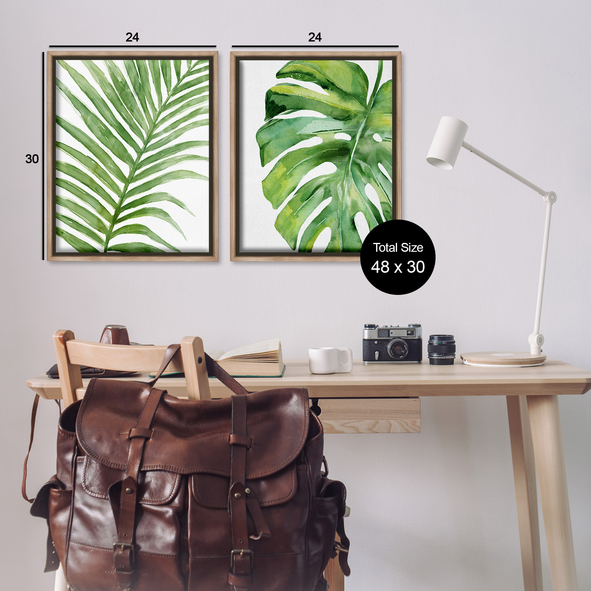 Stupell Industries Minimal Tropical Green Palms Botanical & Floral Painting Brown Floater Framed Canvas Art Print Wall Art, 25 x 31, Set of 2