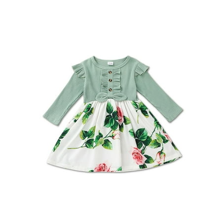 

Canrulo Autumn Toddler Kids Baby Girls Flowers Printed Dress Long Sleeve Ruffle Bowknot A-Line Dress Green 3-4 Years