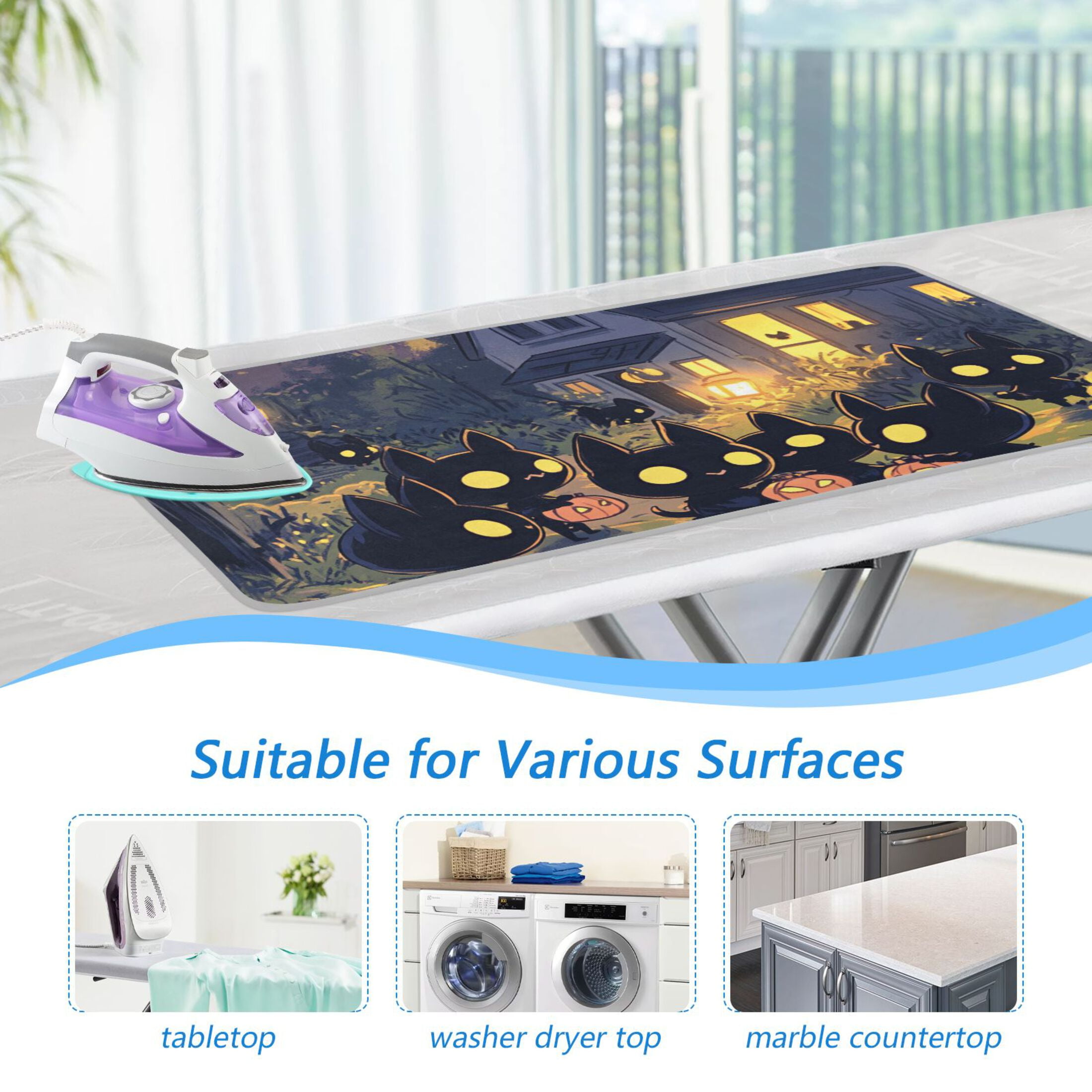 Halloween Black Cat Pumpkin Lights Ironing Mat Blanket for Table Top Travel Portable Ironing Board Pad 47.2x27.6 Inch