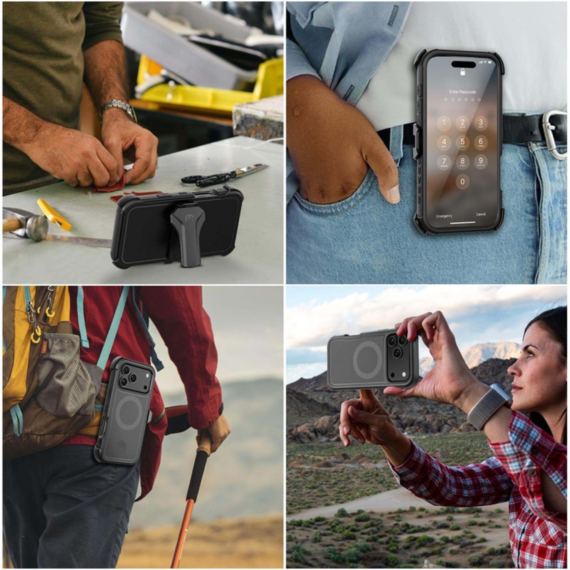 Hybrid Rugged Case with Detachable Belt Clip Holster and Tempered Glass Screen Protector, Magnetic Charging-Compatible, Black, Compatible with iPhone 15 Pro