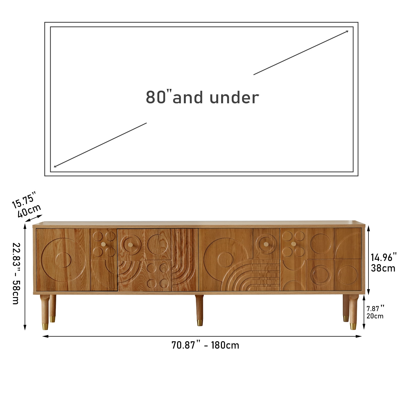 siu want Modern TV Stand for 75 inch TV, 70.9" Retro Media Console with Carved Geometric Doors & 4 Cabinets, Wood Color Entertainment Center​