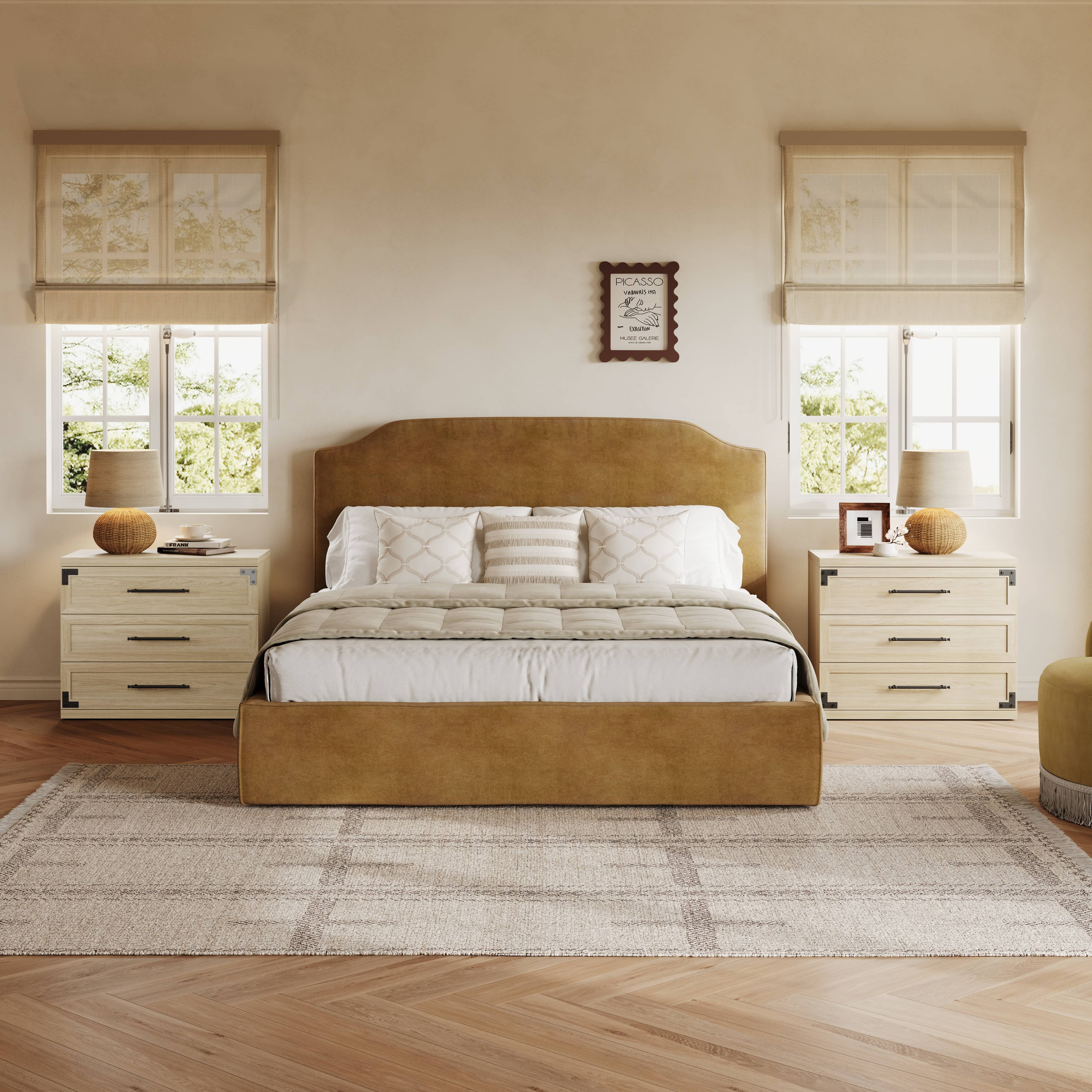 SICOTAS 31.3" Wide Farmhouse 3 Drawer Nightstand Set of 2, Oversized Bedside Table with Black Handles, Dresser Nightstand with Large & Deep Drawers, Wood End Table for Bedroom, Living Room, Beige
