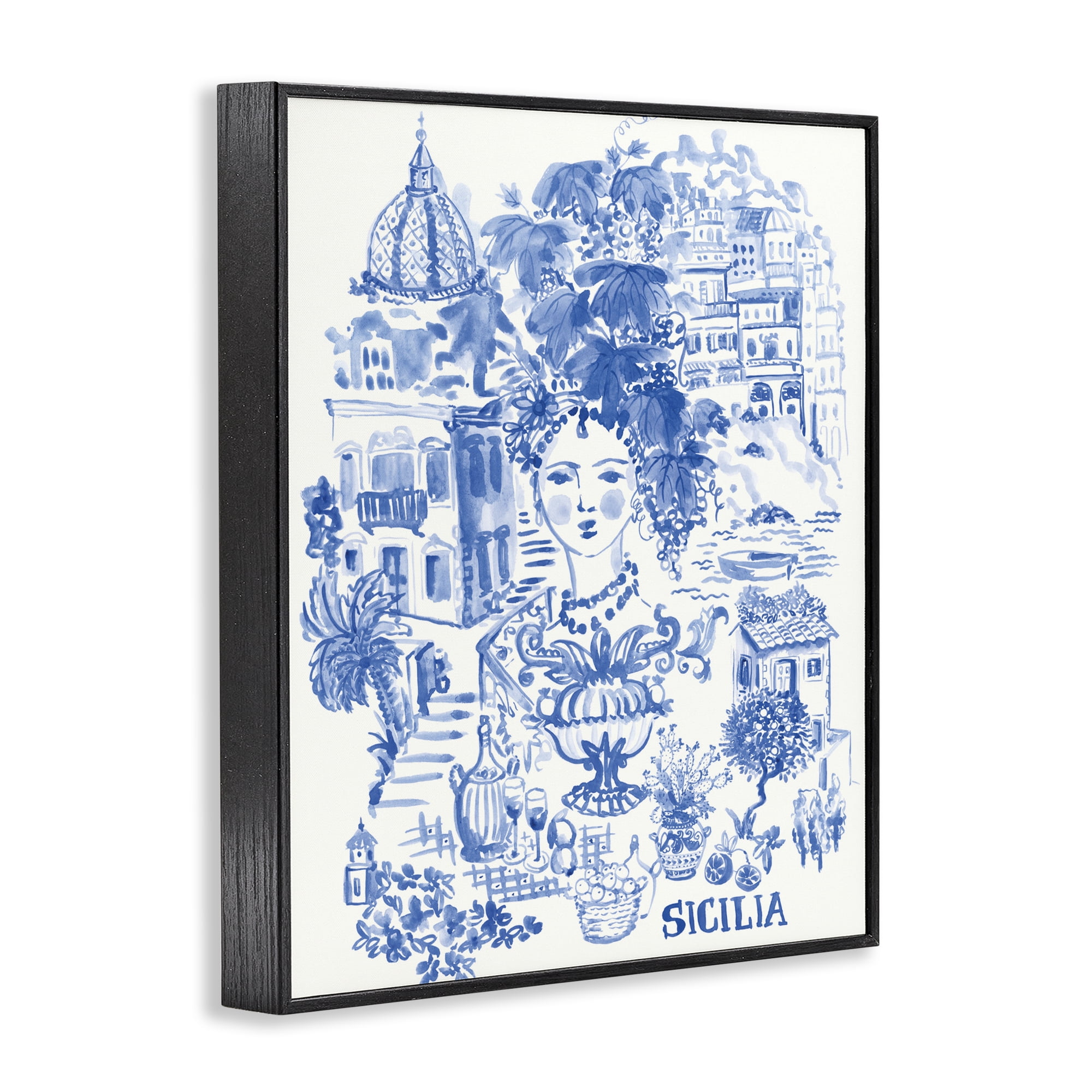 Stupell Industries Sicilia City In Blue Black Framed Giclee Art, design by Karolina Sato