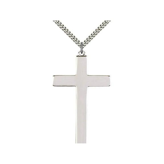 Sterling Silver Cross Pendant 2 1/2 x 1 3/8 inches with Heavy Curb Chain