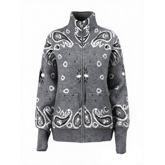 Womens Bandana Knit Casual Cardigan with Paisley Pattern Zip Up Long Sleeve Loose Sweaters Fall Winter Daily Wear Coat Outfits