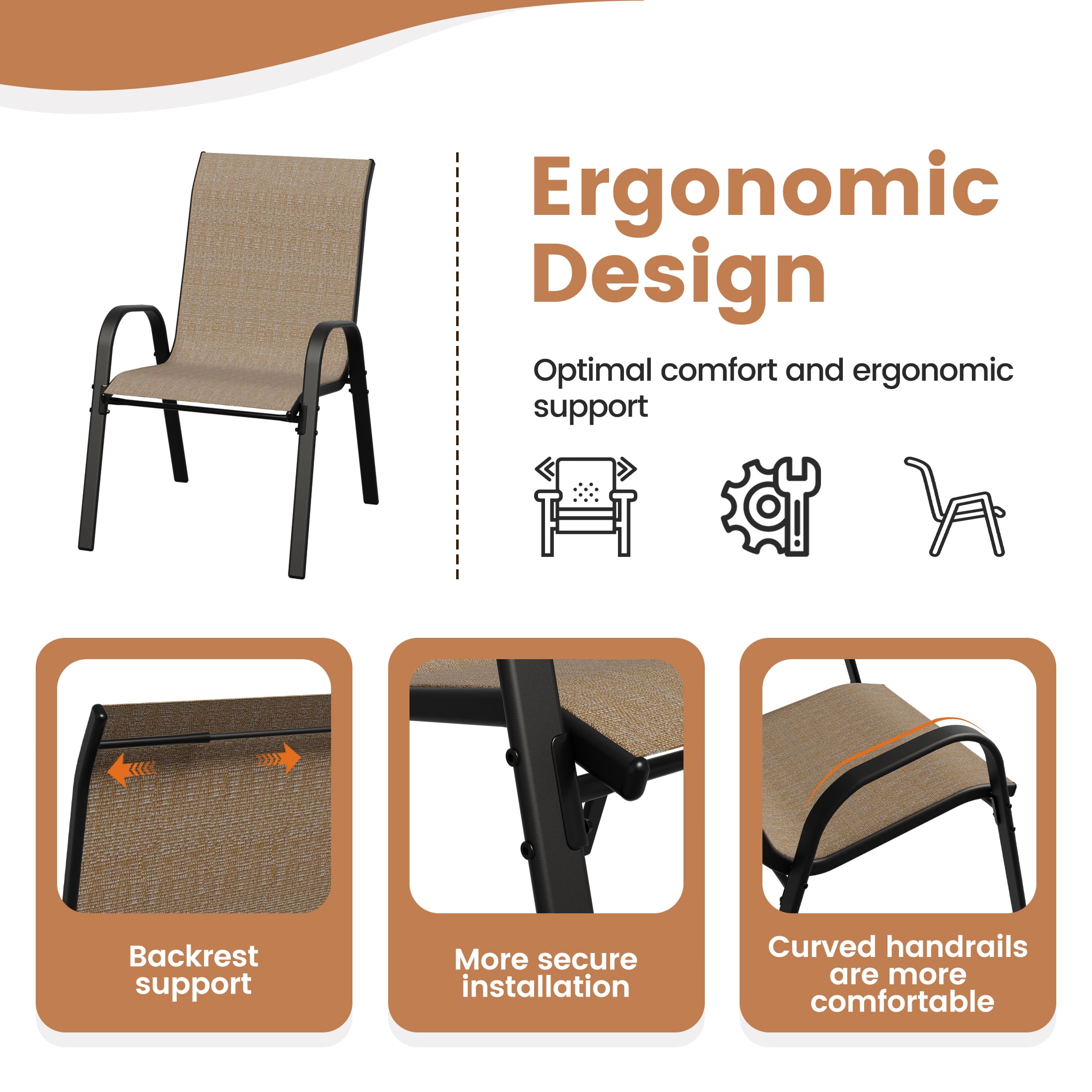 ELPOSUN 9-Piece Outdoor Patio Dining Set, 8 Textilene Chairs & Large Square Steel Table with Umbrella Hole, All-Weather Furniture for Garden, Balcony,Khaki