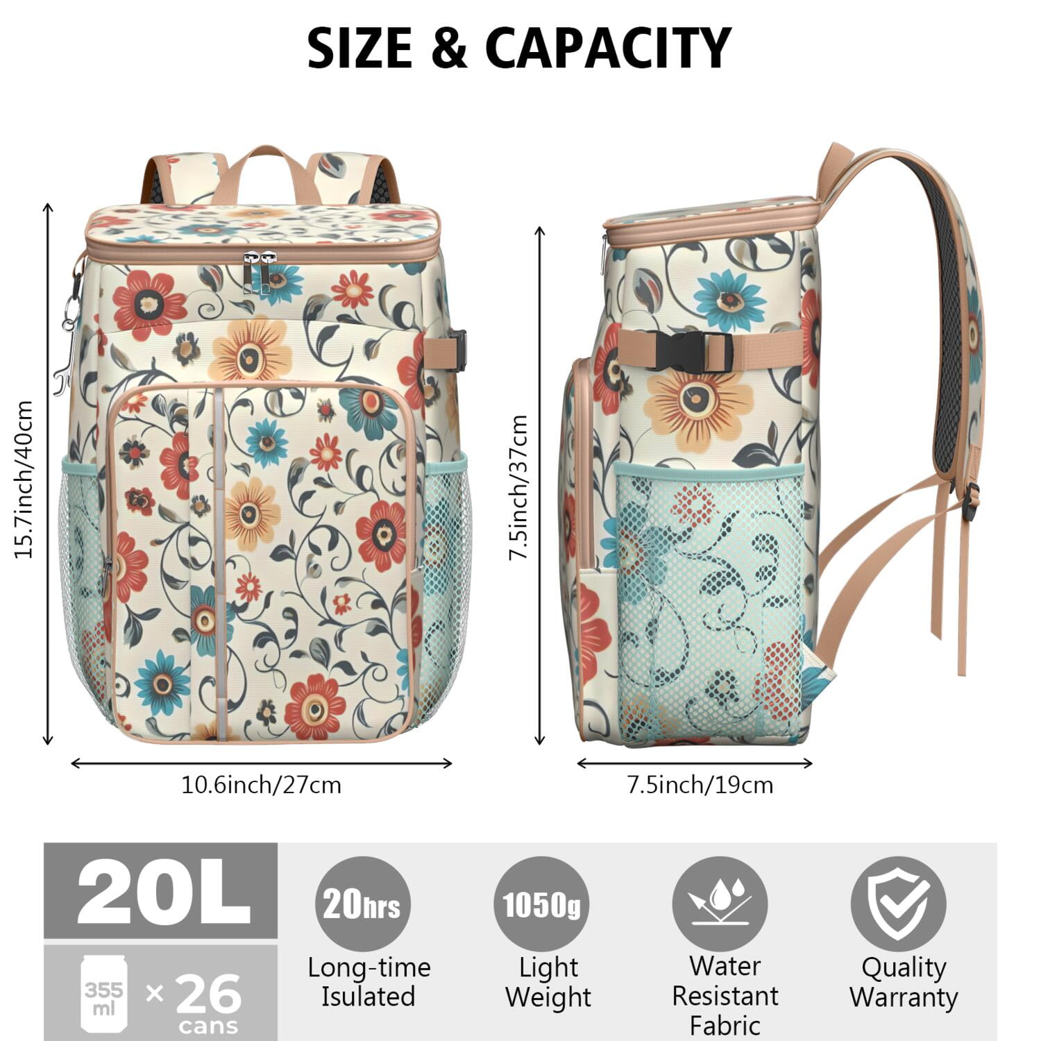 Travel Cooler Bag - Pioneer Flower Floral Print Pattern Camping Beer Cooler Backpack with Bottle Opener- Waterproof Insulated Picnic Backpacks - Cooler Bag for Beach
