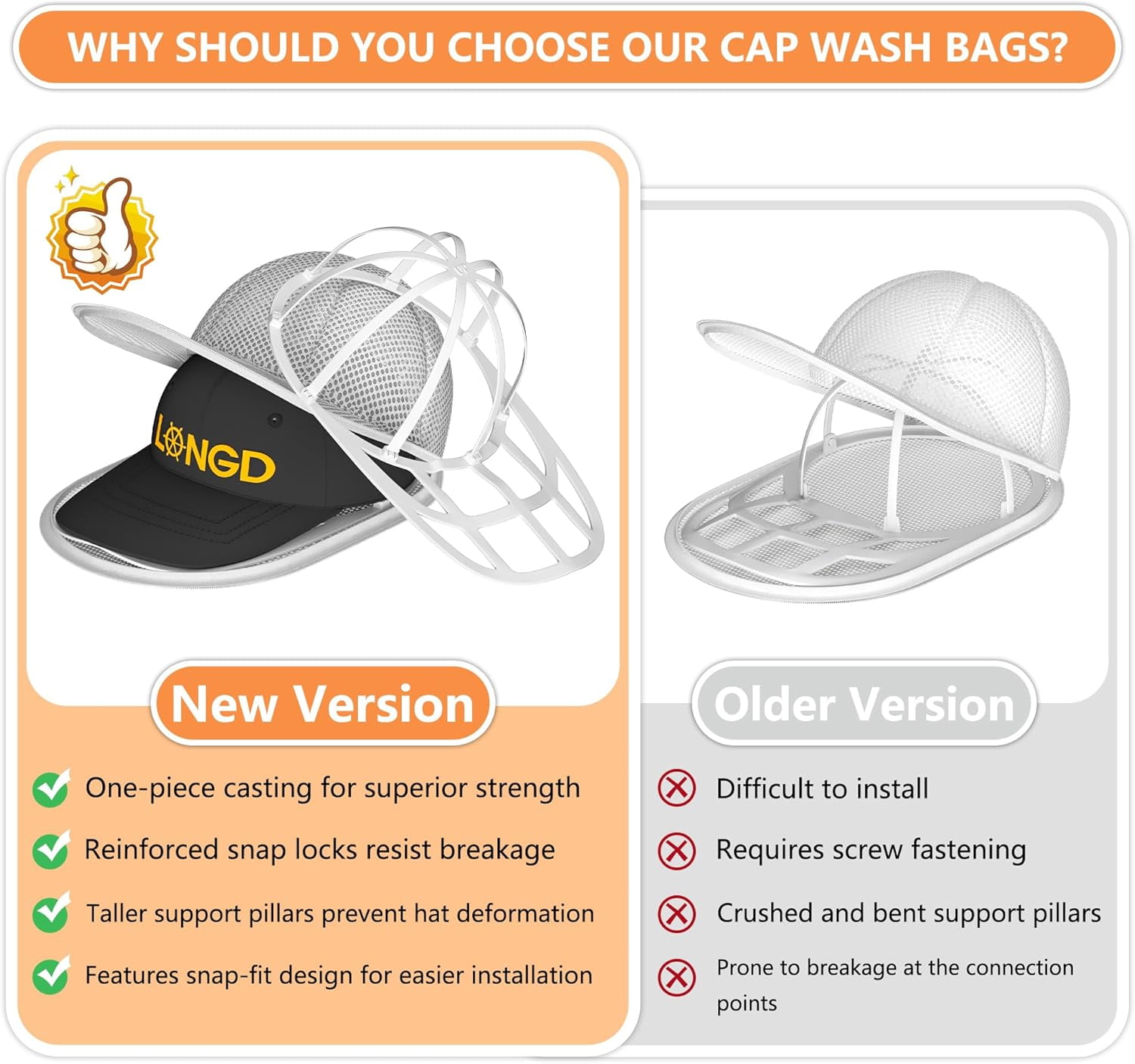 Hat Washer Cage with Snap Lock - Machine/Dryer Safe Compact Hat Cleaner for Baseball Caps & Storage