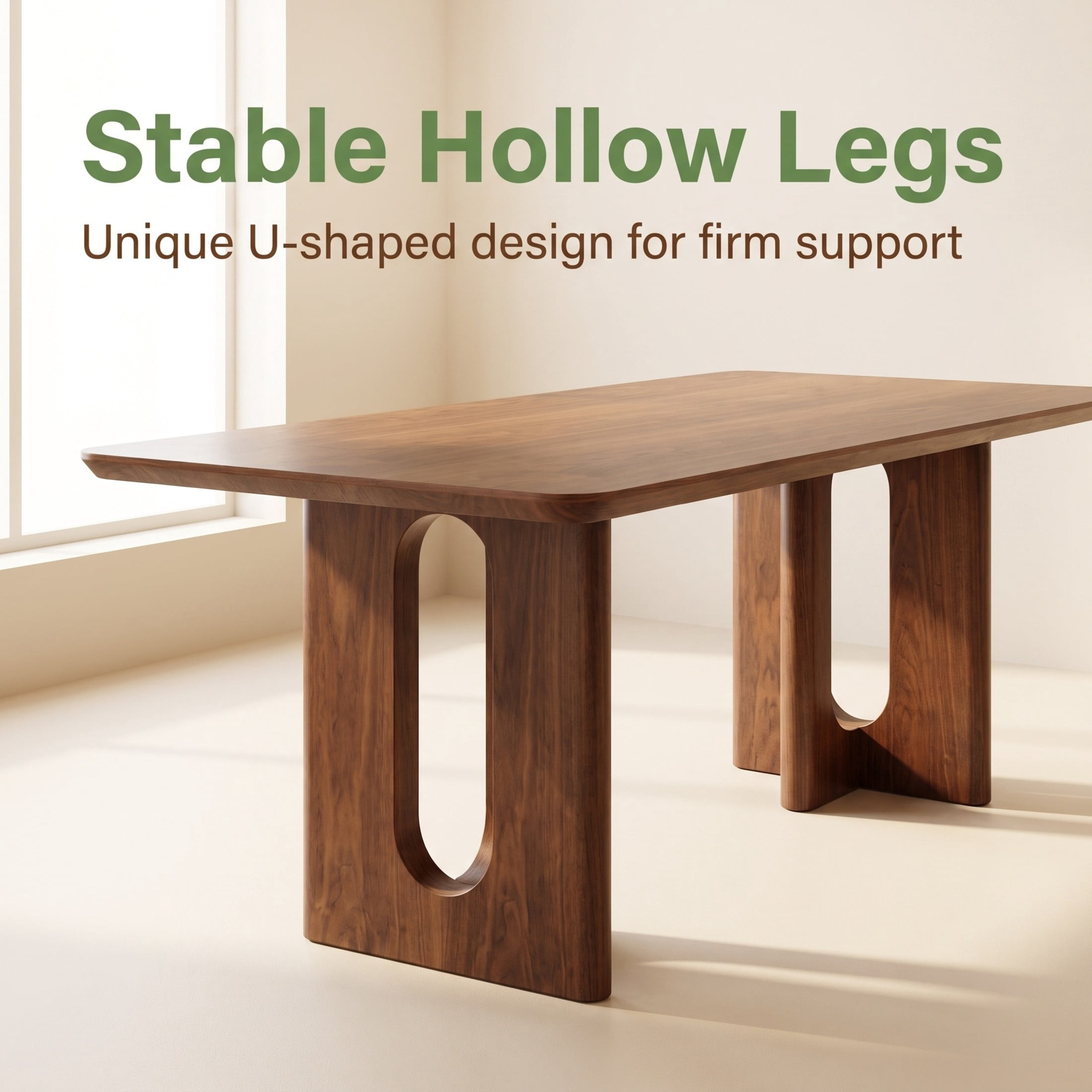 GDF Studio 62.9" Modern Rectangular Dining Table with U-Shaped Hollow Legs, Walnut