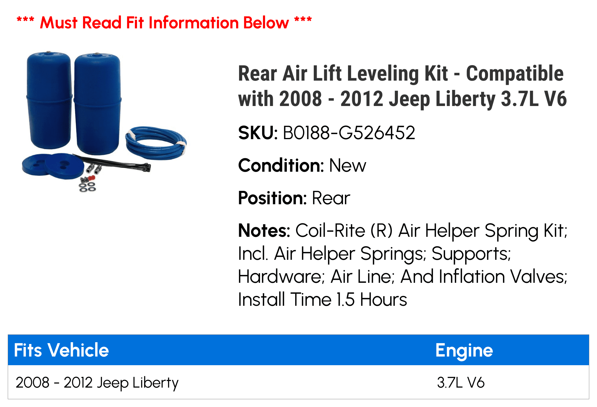 Rear Air Lift Leveling Kit - Compatible with 2008 - 2012 Jeep Liberty 3.7L V6 2009 2010 2011