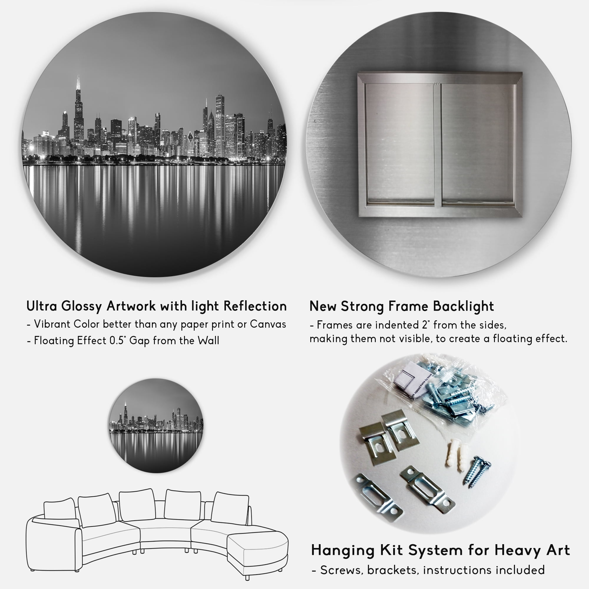 Designart Chicago Skyline at Night Black and White' Ultra Glossy Cityscape Circle Wall Art