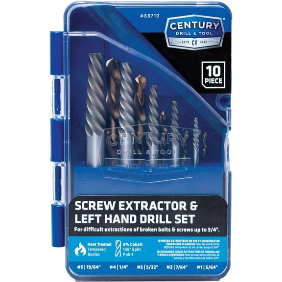Century Drill & Tool 88710 Spiral Flute Screw Extractor and Drill Set, 1 - #5 — Professional & DIY Use, Standard Battery Platform