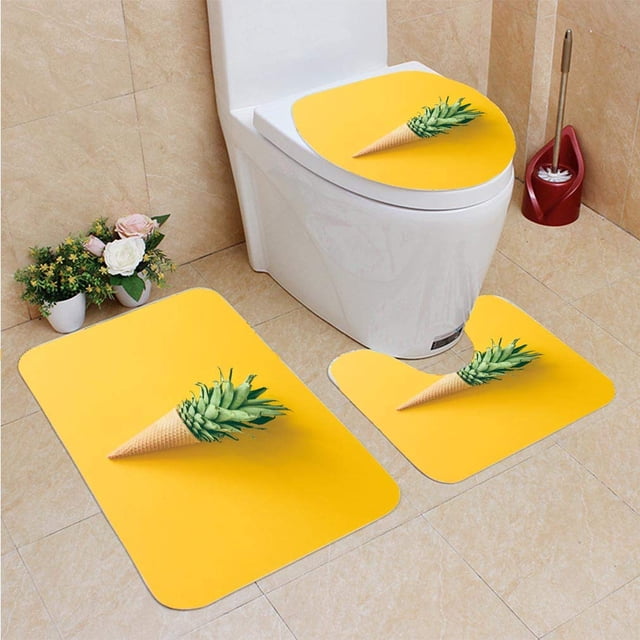 ABPHQTO Cono Helado Piña Con Hojas Frutas Brillantes Concepto Caramelo Endecha Juego de alfombras de baño de 3 piezas Alfombra de baño Alfombra de contorno y tapa de inodoro