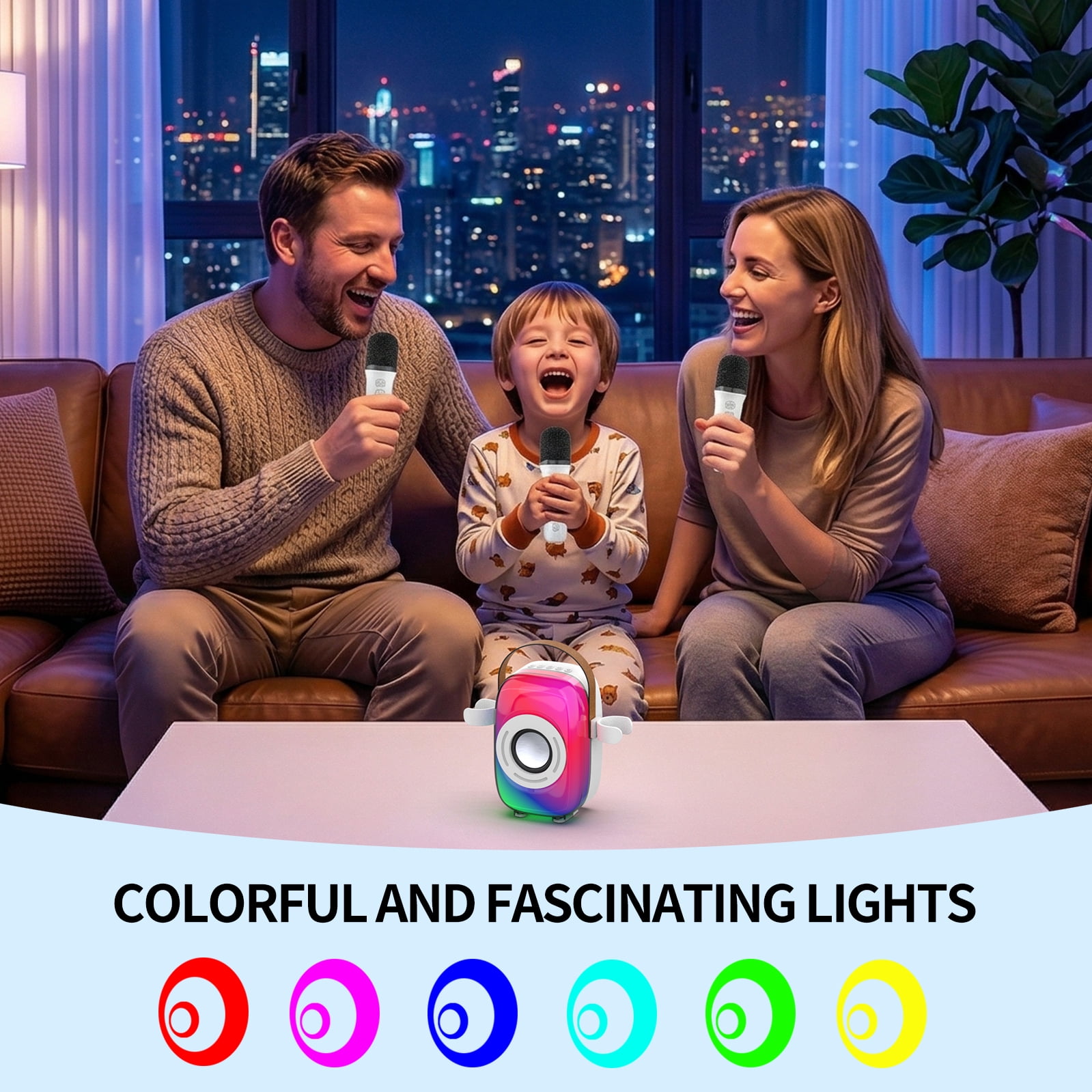 Jierben Kids Karaoke Machine for Party, 2 Wireless Mics, Mini Karaoke Machine, Bluetooth 5.0, LED Light Show, Eight Lighting & Four Voice Modes