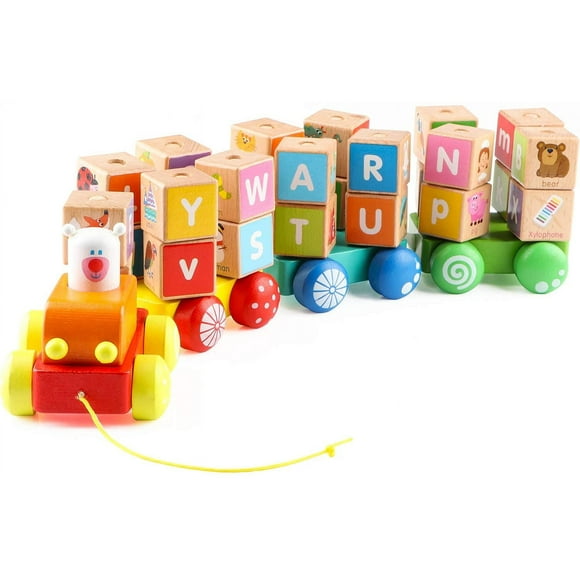 Toddler Pull Along Train Wooden ABC Cart Sorting Block Stacking