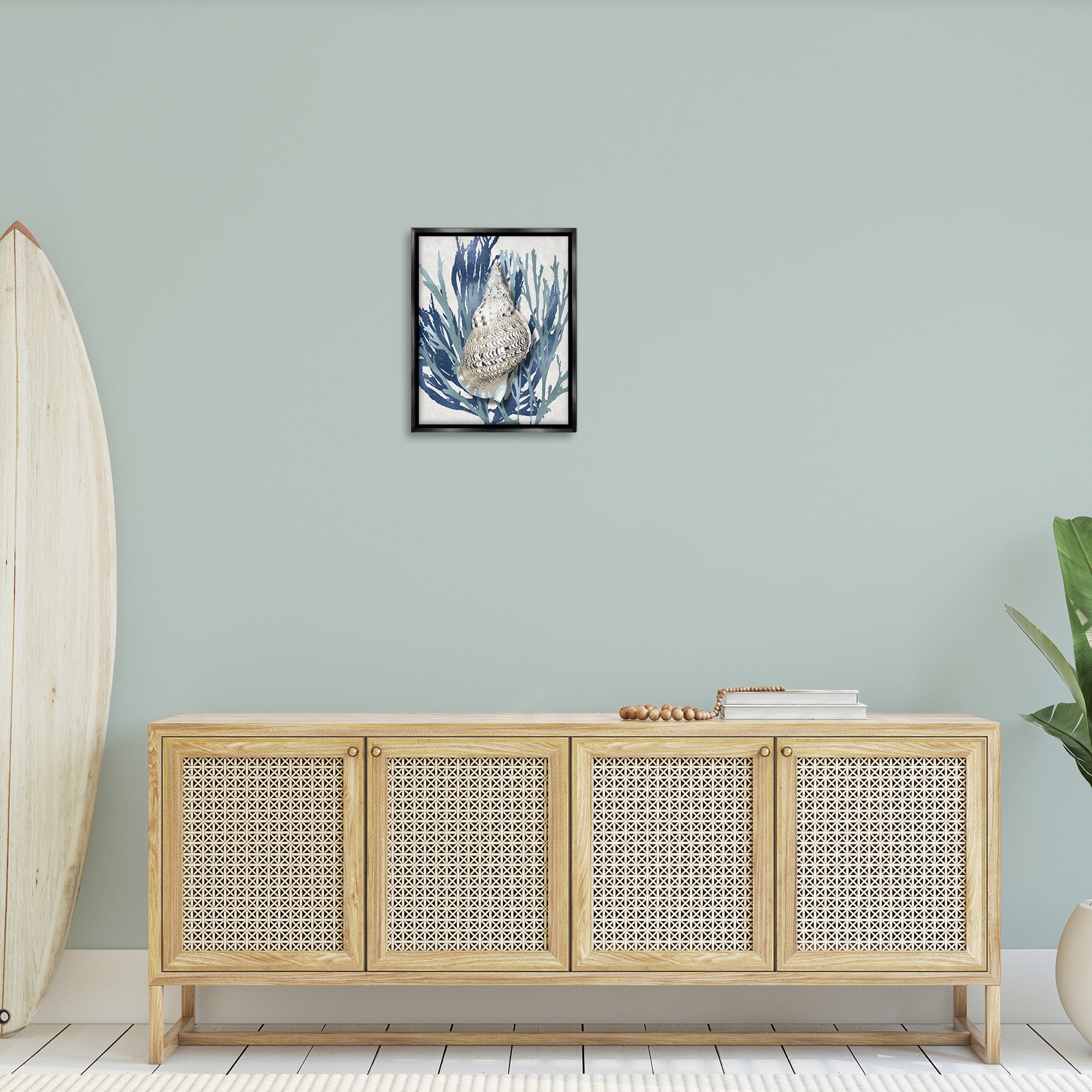 Stupell Industries Shell Coral Blue Beach Design Nature Painting Black Floater Framed Canvas Art Print Wall Art, 17 x 21