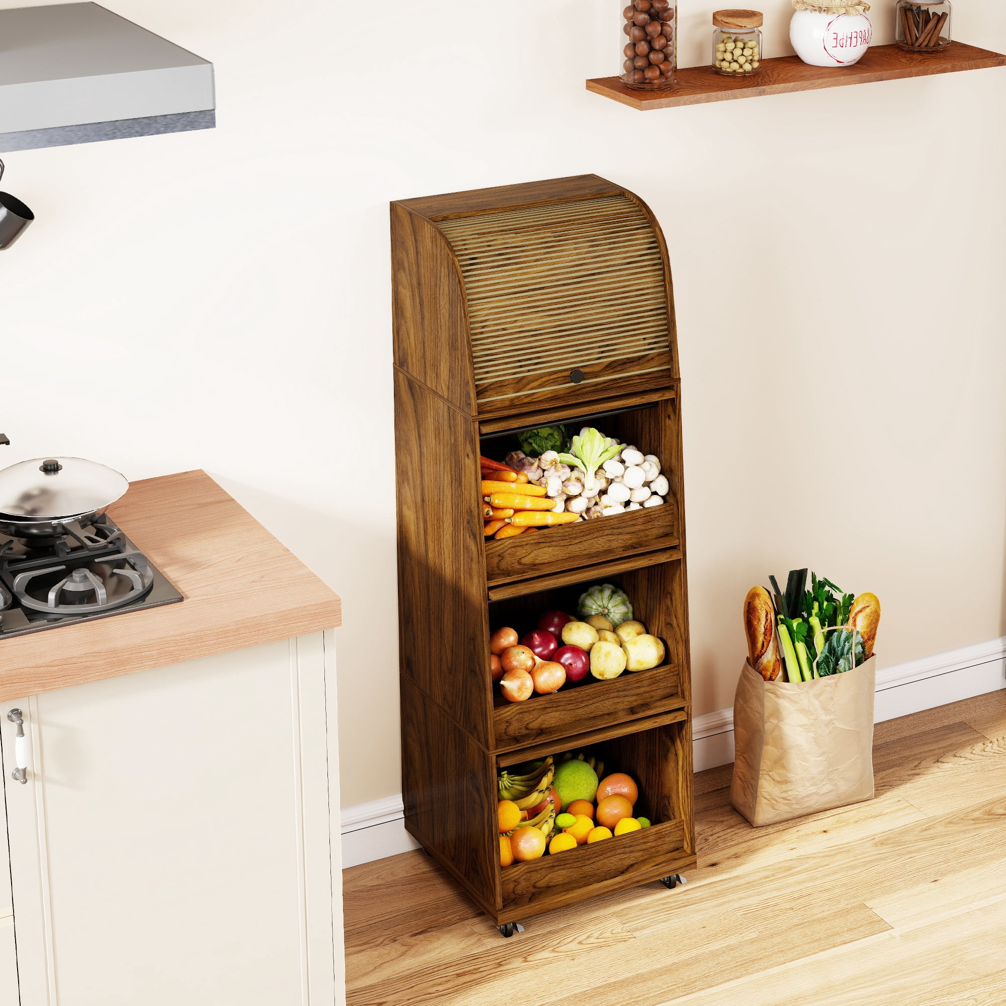 4 Tier Large Tall Potato Storage Bin with Wheel  Wood Food Small Kitchen Pantry Cabinet for Kitchen Living room